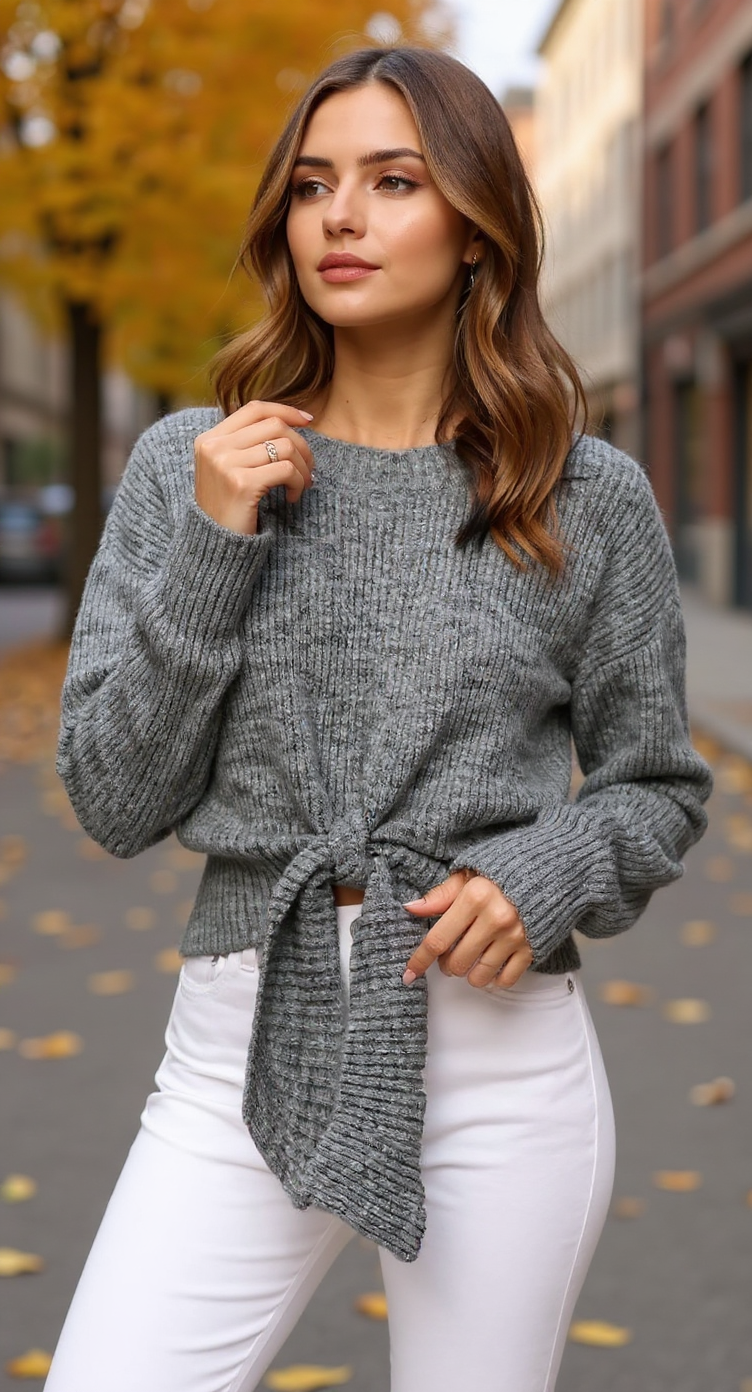 Okiwam Women's Long Sleeve Cropped Sweaters Casual Knit Pullover Tie Front Crew Neck Fall Outfits Fashion Clothes 2025 Okiwam Women's Long Sleeve Cropped Sweaters Casual Knit Pullover Tie Front Crew Neck Fall Outfits Fashion Clothes 2025