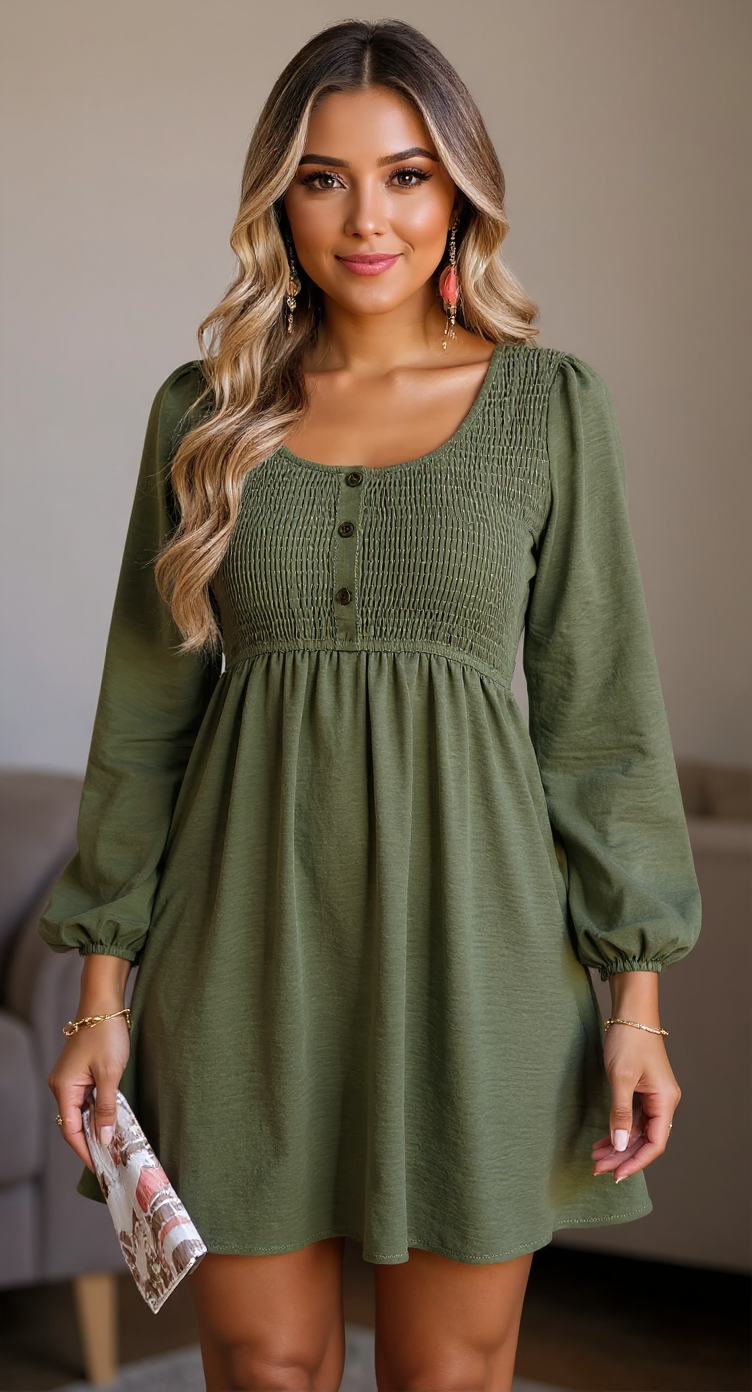 Dokotoo Womens 2025 Casual Dresses Smocked Crewneck Button Up Long Sleeve Empire Waist A-Line Mini Dress Dokotoo Womens 2025 Casual Dresses Smocked Crewneck Button Up Long Sleeve Empire Waist A-Line Mini Dress