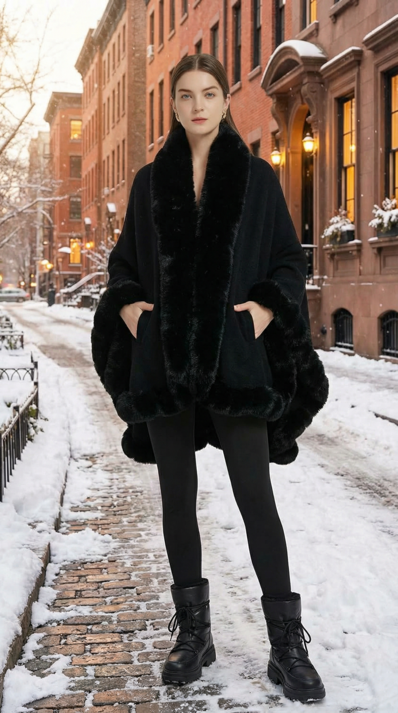 Tngan Faux Fox Fur Trim Cardigan Cloak Shawl Wraps Winter Poncho Oversized Cape