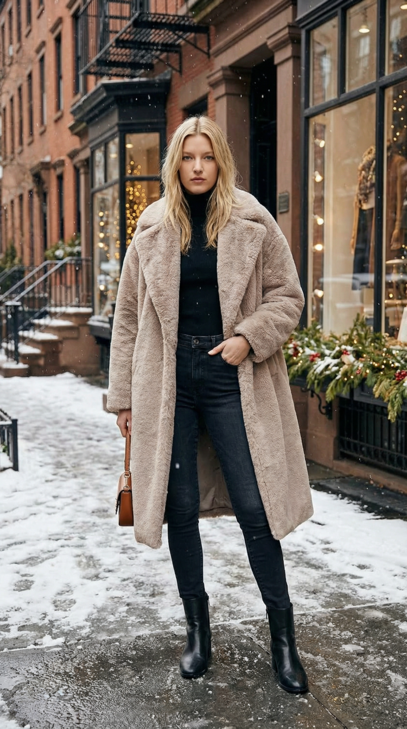 Orolay Women's Fuzzy Fleece Winter Jacket Faux Fur Lapel Coat Mid-Length Sherpa Teddy Coat