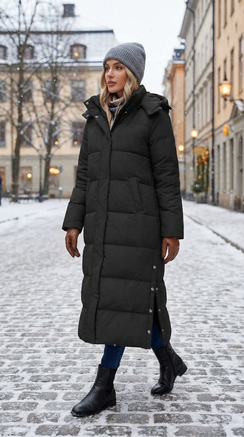 Jyanl Women Long Puffer Coat Maxi Thickened Quilted Padded Jacket Winter Warm Zip Parka Removable Hood Buttoned Slit Hem