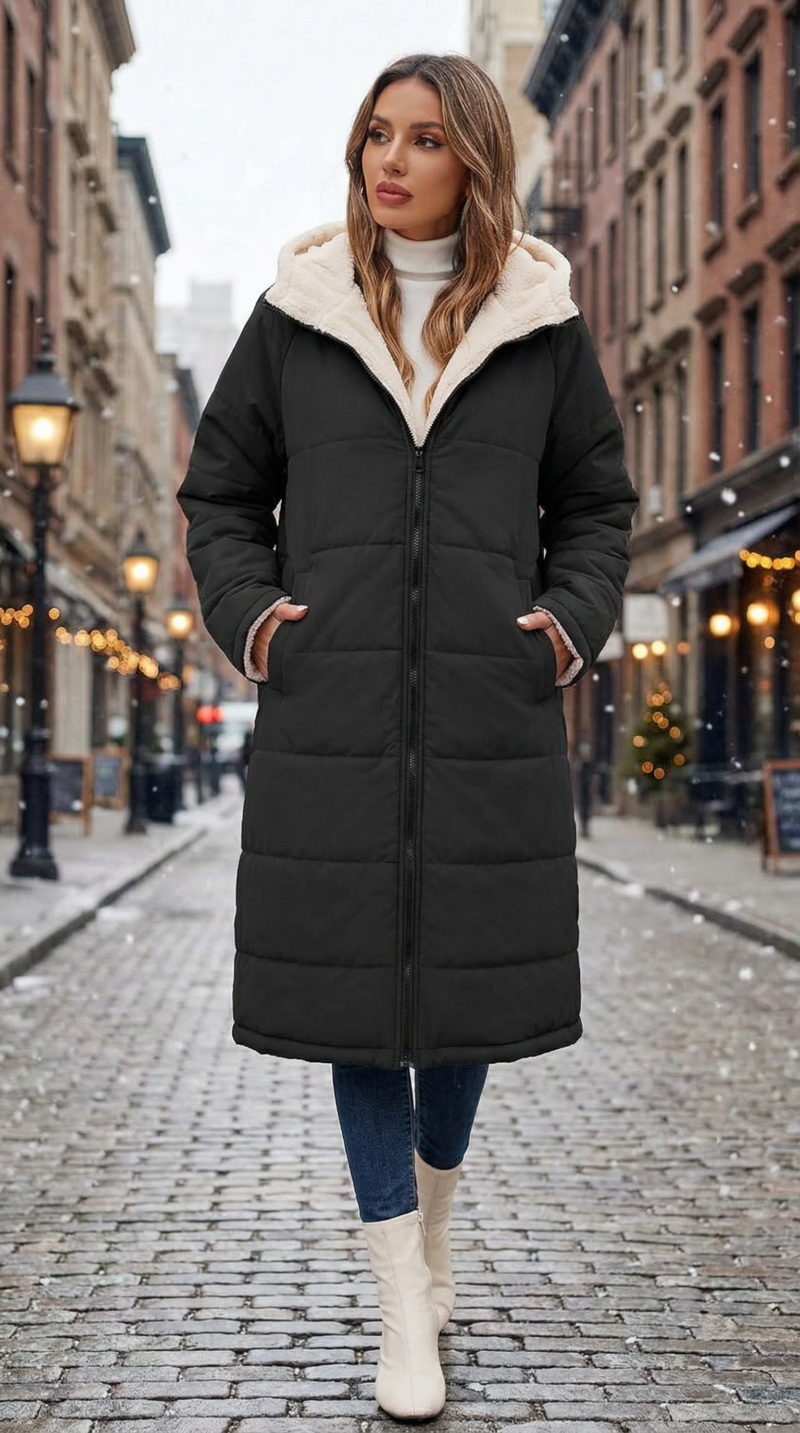 Wiepux Long Womens Winter Coat Fleece Lined Coats Sherpa Quilted Puffer Jackets with Hood Zip Warm Thicken Outwear